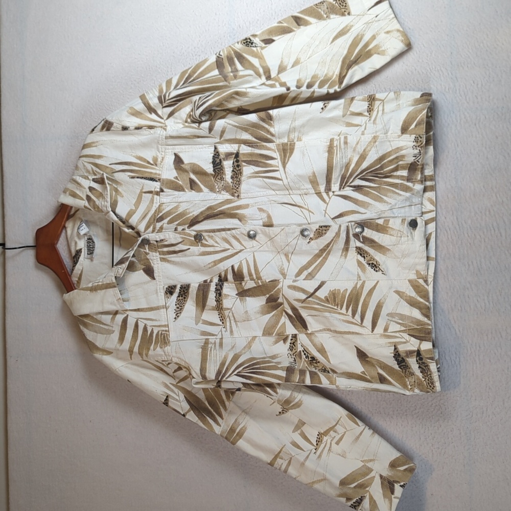 Chico's Womens Tropical Floral Cream Denim Jacket Size Large
